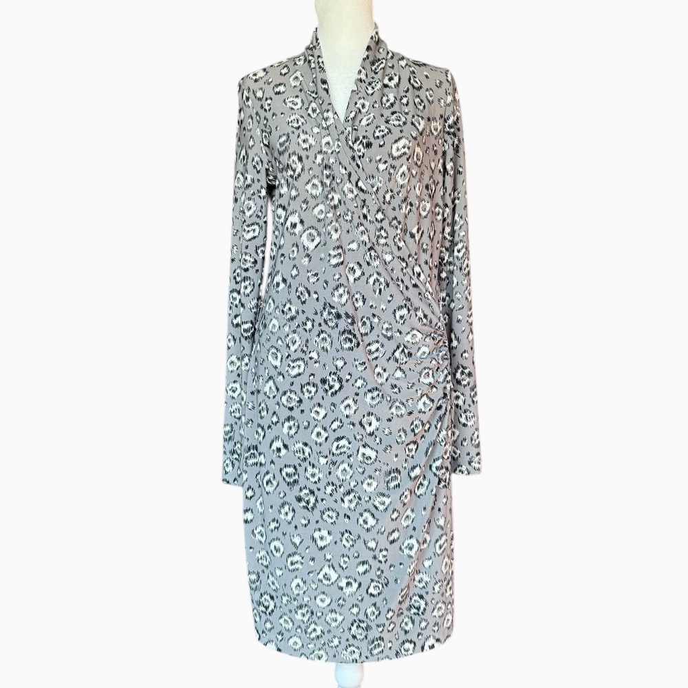 Norma Kamali Long Sleeve‎ Wrap Style Grey Leopard Dress Sz M